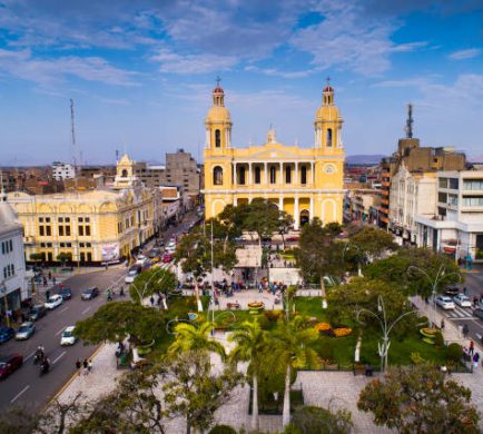 Chiclayo, Peru: Aerial drone view of the Chiclayo main square and cathedral church